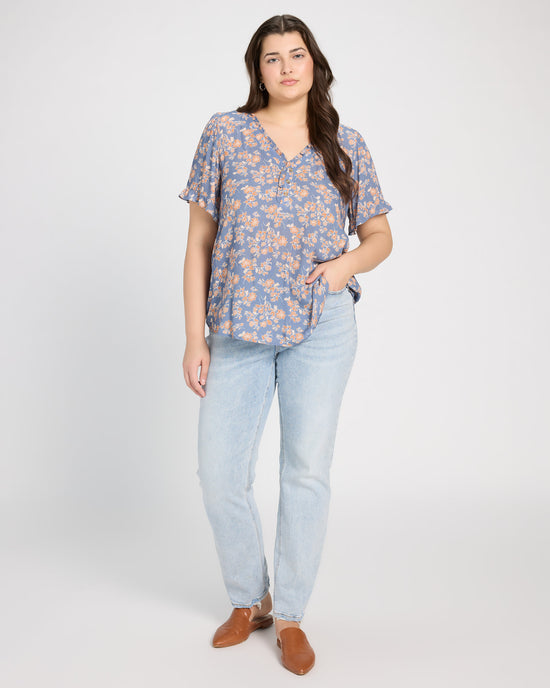 Blue $|& West Kei Floral Woven Ruffle Sleeve Blouse - UGC On Fig