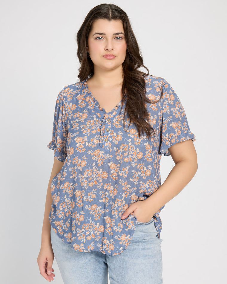 Blue $|& West Kei Floral Woven Ruffle Sleeve Blouse - SOF Front