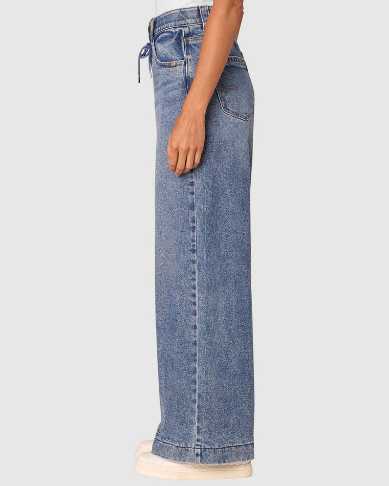 Mid Blue $|& Democracy Absolution Skyrise Wide Leg Jeans With Drawstring - Hanger Front