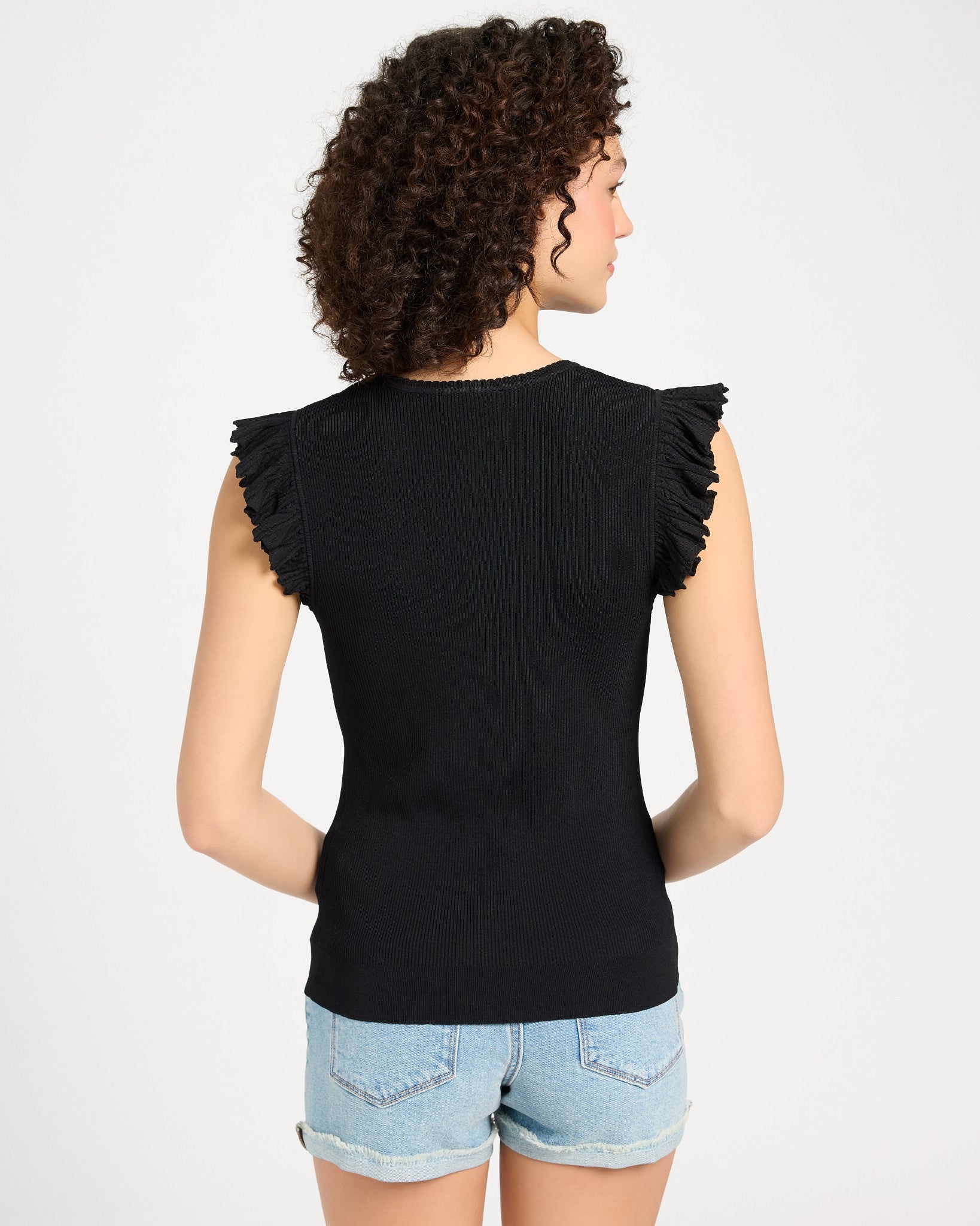 Black $|& Skies Are Blue Ruffle Sleeveless Ribbed Crew Neck Top - SOF Back