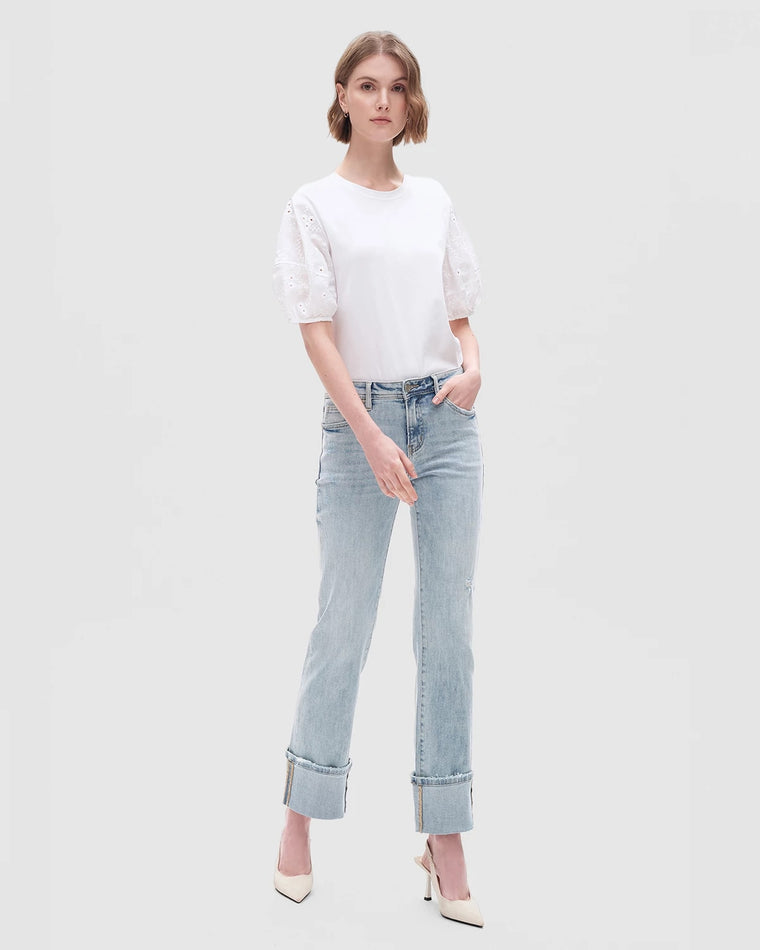 Light Blue $|& Bayeas Mid Rise Cuffed Straight Leg Jeans - VOF Detail
