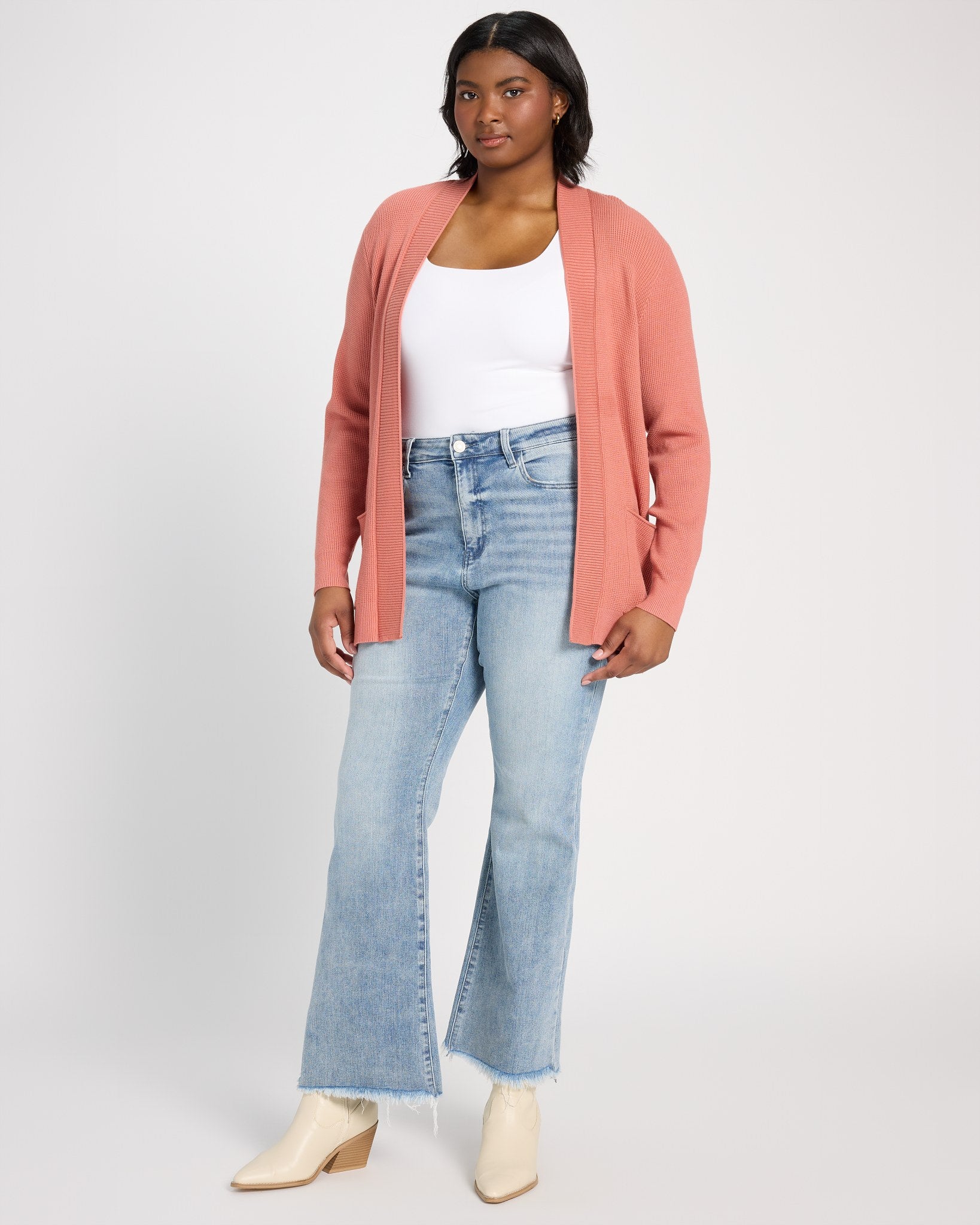 Plus Size Open Front Waffle Knit Cardigan with Pockets – Wantable