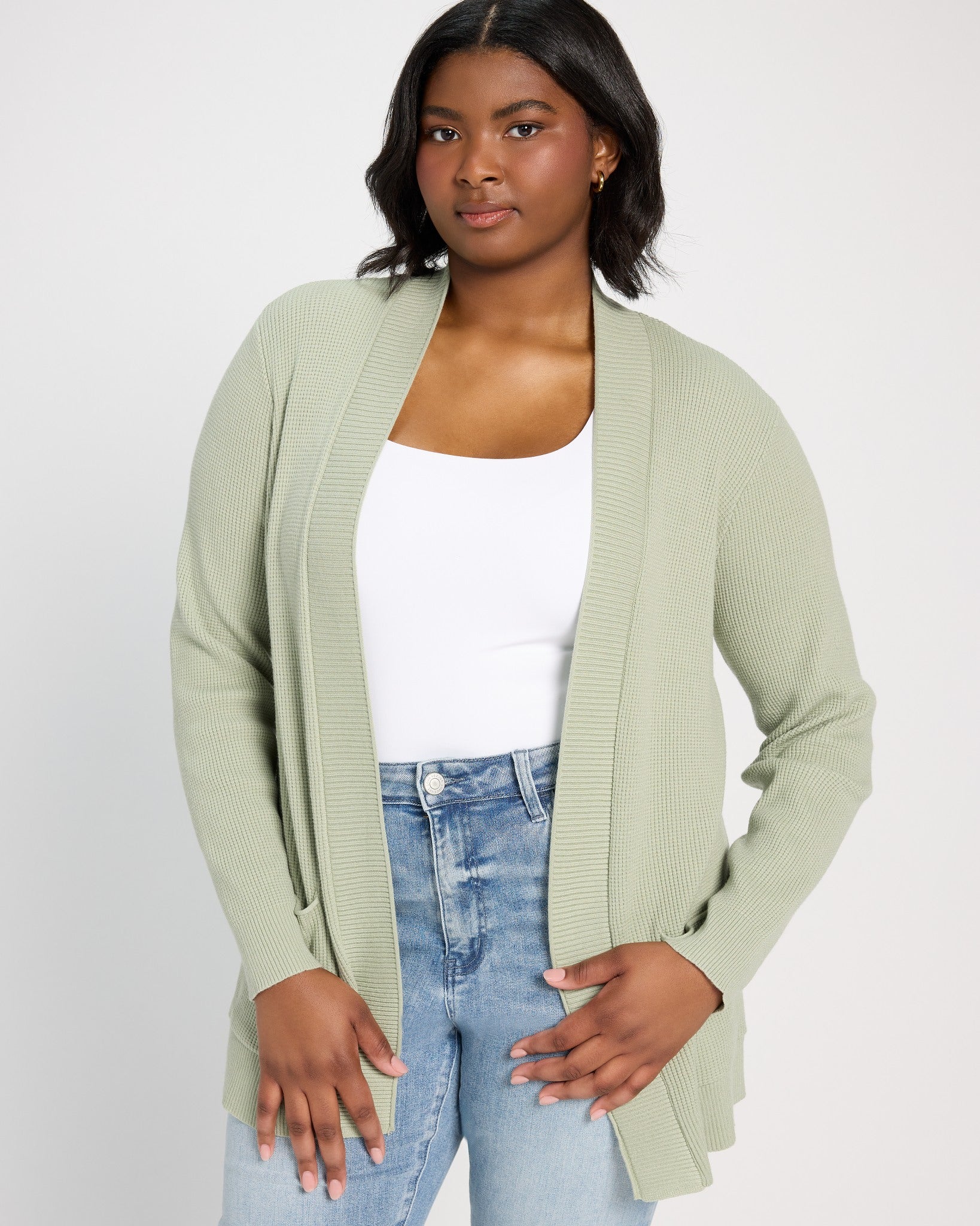 Sage Green $|& Staccato Open Front Pocket Cardigan - SOF Front