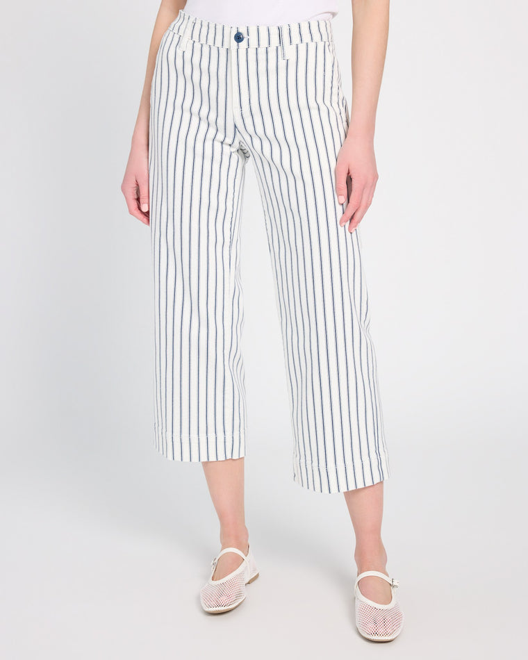 Vintage Indigo Stripe White $|& Liverpool Patch Pocket Wide Leg Crop Jean - SOF Front