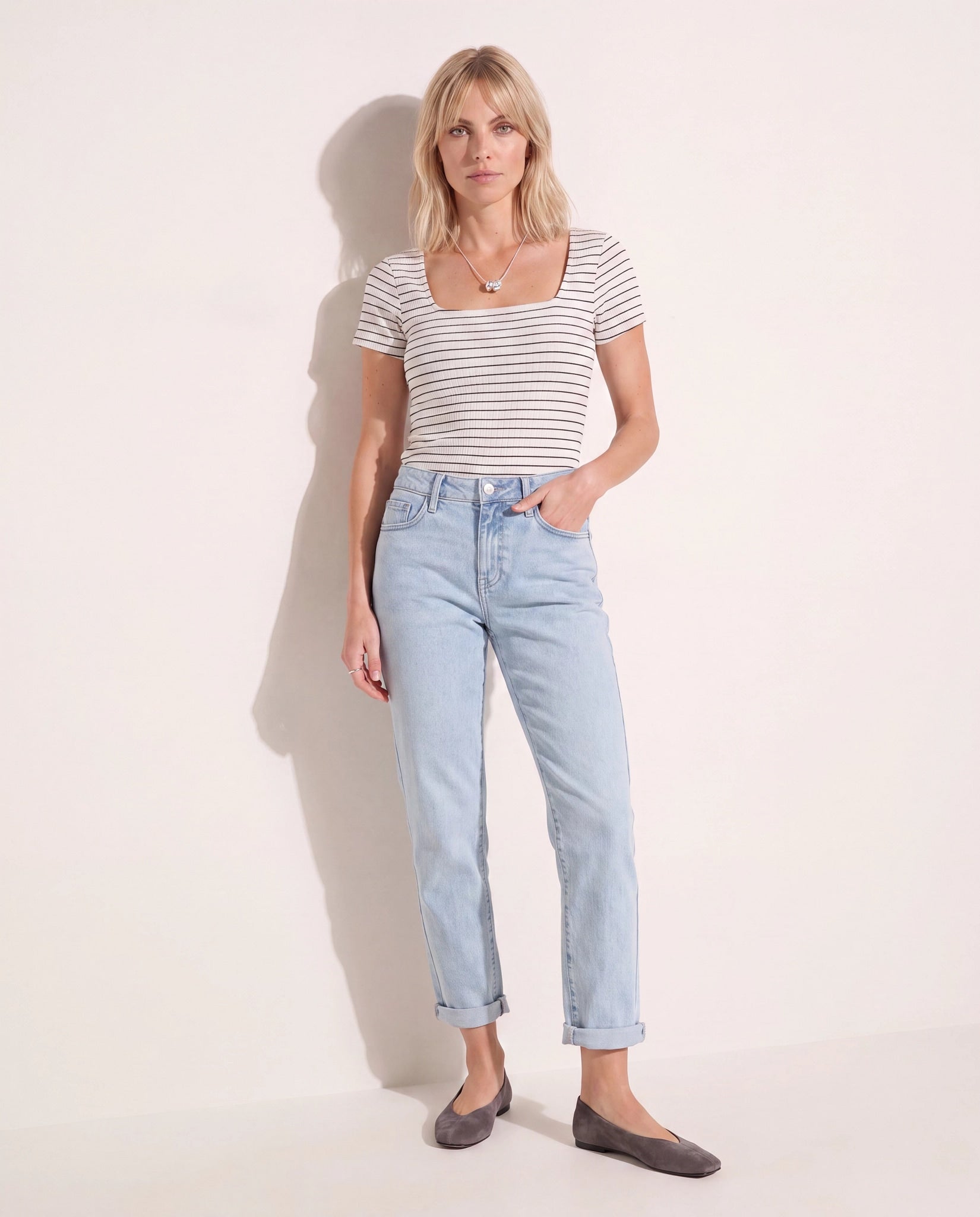 Light Wash $|& SEAS Mid Rise Cuffed Slim Straight Leg Jeans - SOF Back