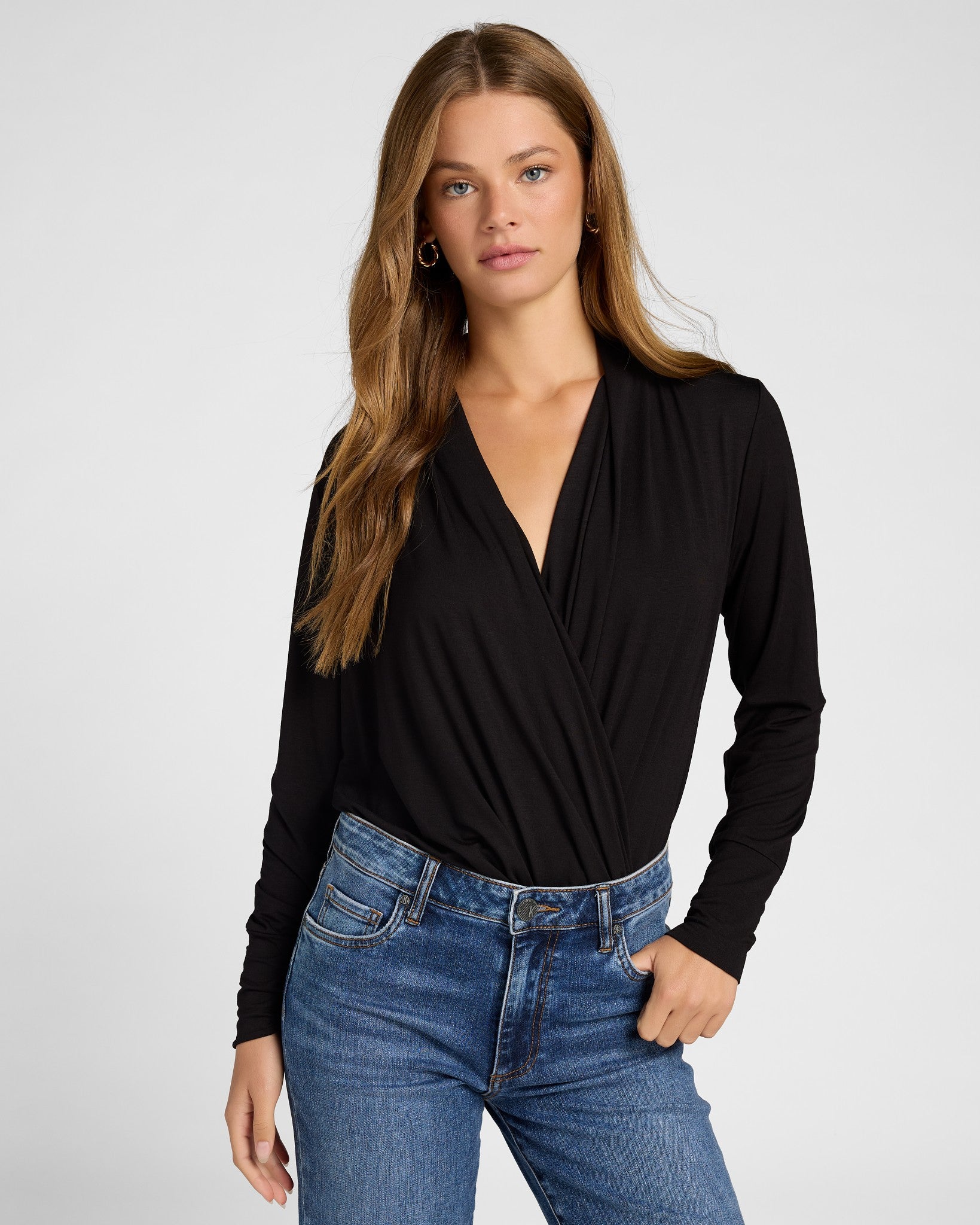Black $|& Ariella Long Sleeve Cupro Surplice Top - SOF Front