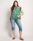 Green $|& VOY Los Angeles Floral Ruffle Sleeve Neck Tie Top - UGC On Fig