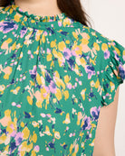 Green $|& VOY Los Angeles Floral Ruffle Sleeve Neck Tie Top - SOF Full Front