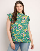 Green $|& VOY Los Angeles Floral Ruffle Sleeve Neck Tie Top - SOF Front