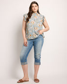 Slate Blue $|& VOY Los Angeles Floral Ruffle Sleeve Neck Tie Top - UGC On Fig