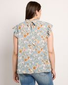 Slate Blue $|& VOY Los Angeles Floral Ruffle Sleeve Neck Tie Top - SOF Back