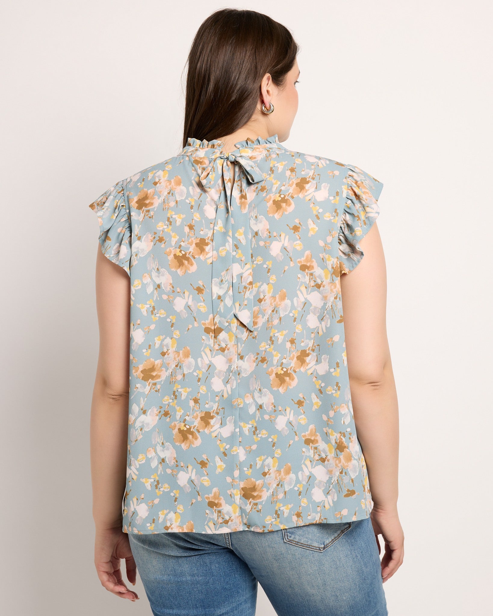 Slate Blue $|& VOY Los Angeles Floral Ruffle Sleeve Neck Tie Top - SOF Back
