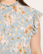 Slate Blue $|& VOY Los Angeles Floral Ruffle Sleeve Neck Tie Top - SOF Full Front