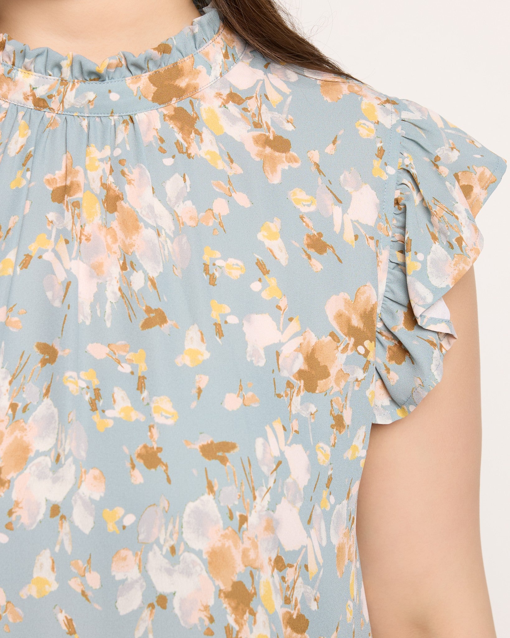 Slate Blue $|& VOY Los Angeles Floral Ruffle Sleeve Neck Tie Top - SOF Full Front