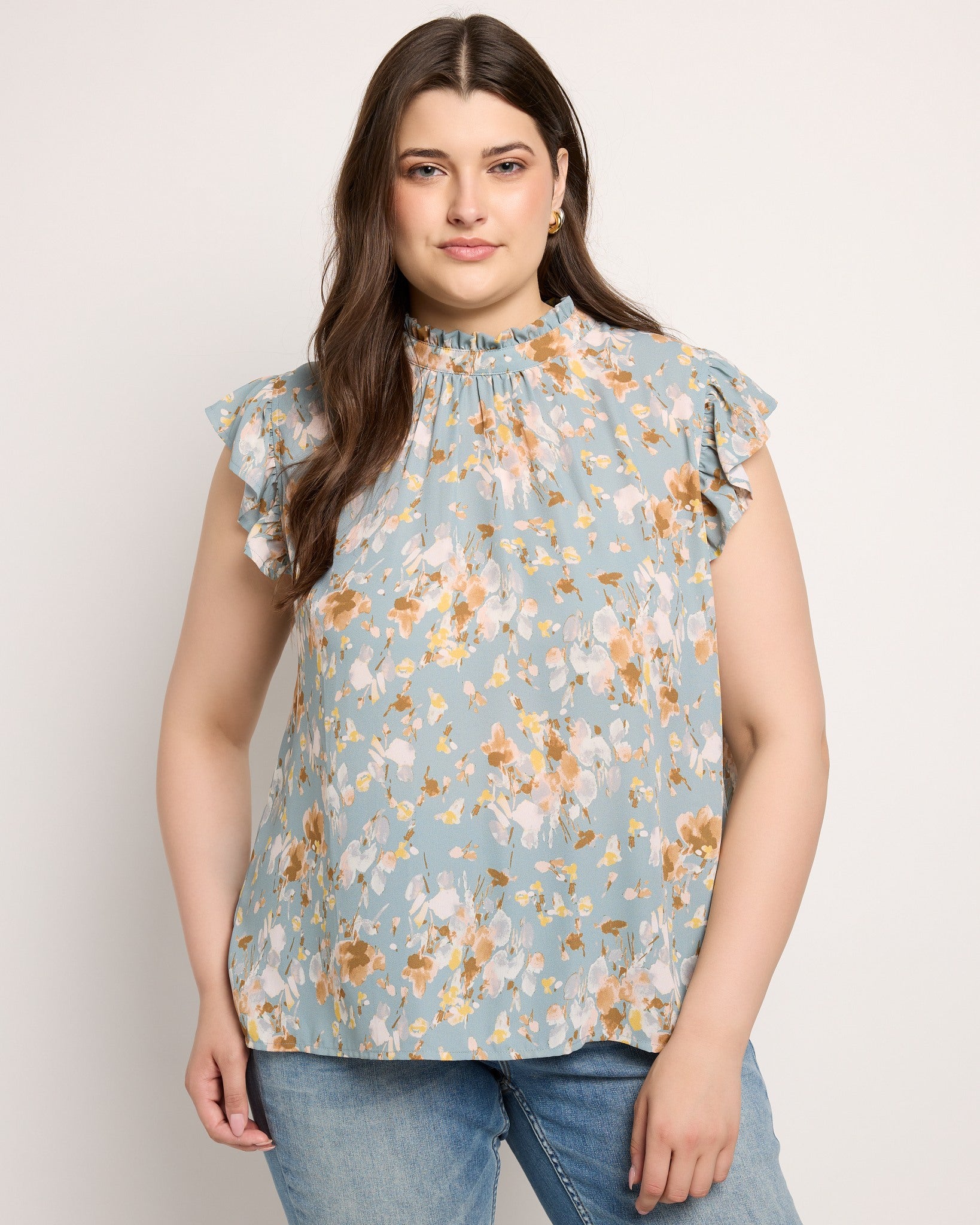 Slate Blue $|& VOY Los Angeles Floral Ruffle Sleeve Neck Tie Top - SOF Front