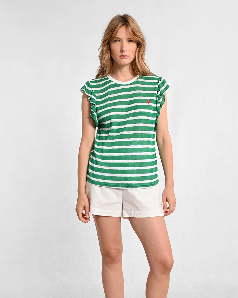 Green $|& Molly Bracken Striped Ruffle Sleeve with Heart Knit Top - VOF Detail