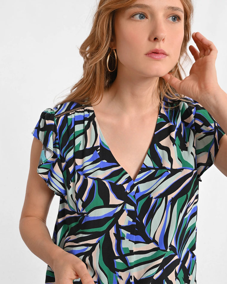 Black Melissa $|& Molly Bracken Sleeveless Ruffle V-Neck Printed Woven Top - Hanger Back