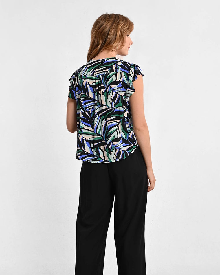 Black Melissa $|& Molly Bracken Sleeveless Ruffle V-Neck Printed Woven Top - Hanger Side
