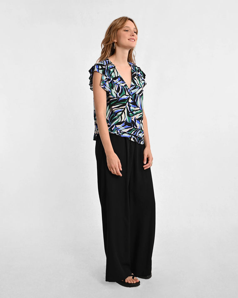 Black Melissa $|& Molly Bracken Sleeveless Ruffle V-Neck Printed Woven Top - Hanger Front