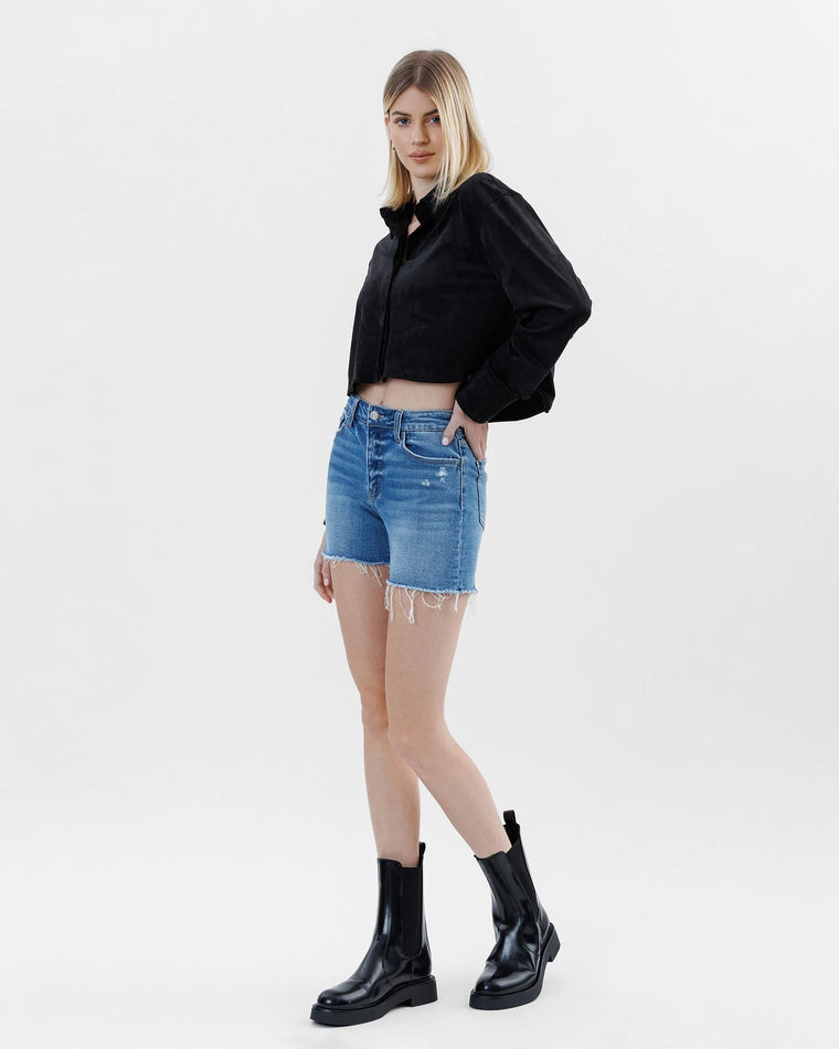 Climax Blue $|& Vervet Mid Rise Distressed Shorts - Hanger Front