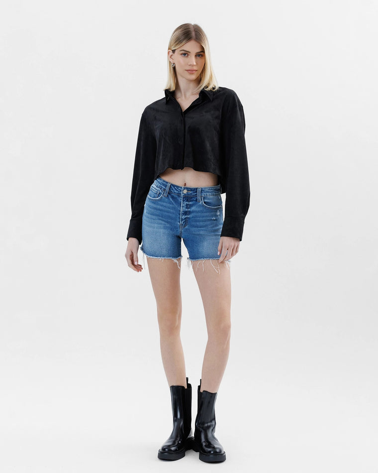 Climax Blue $|& Vervet Mid Rise Distressed Shorts - VOF Detail
