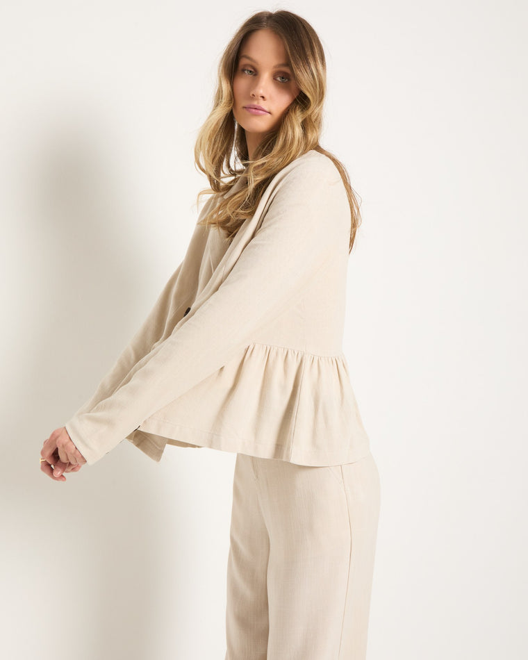 Birch Beige $|& SEAS Cove Linen Peplum Blazer - VOF Front