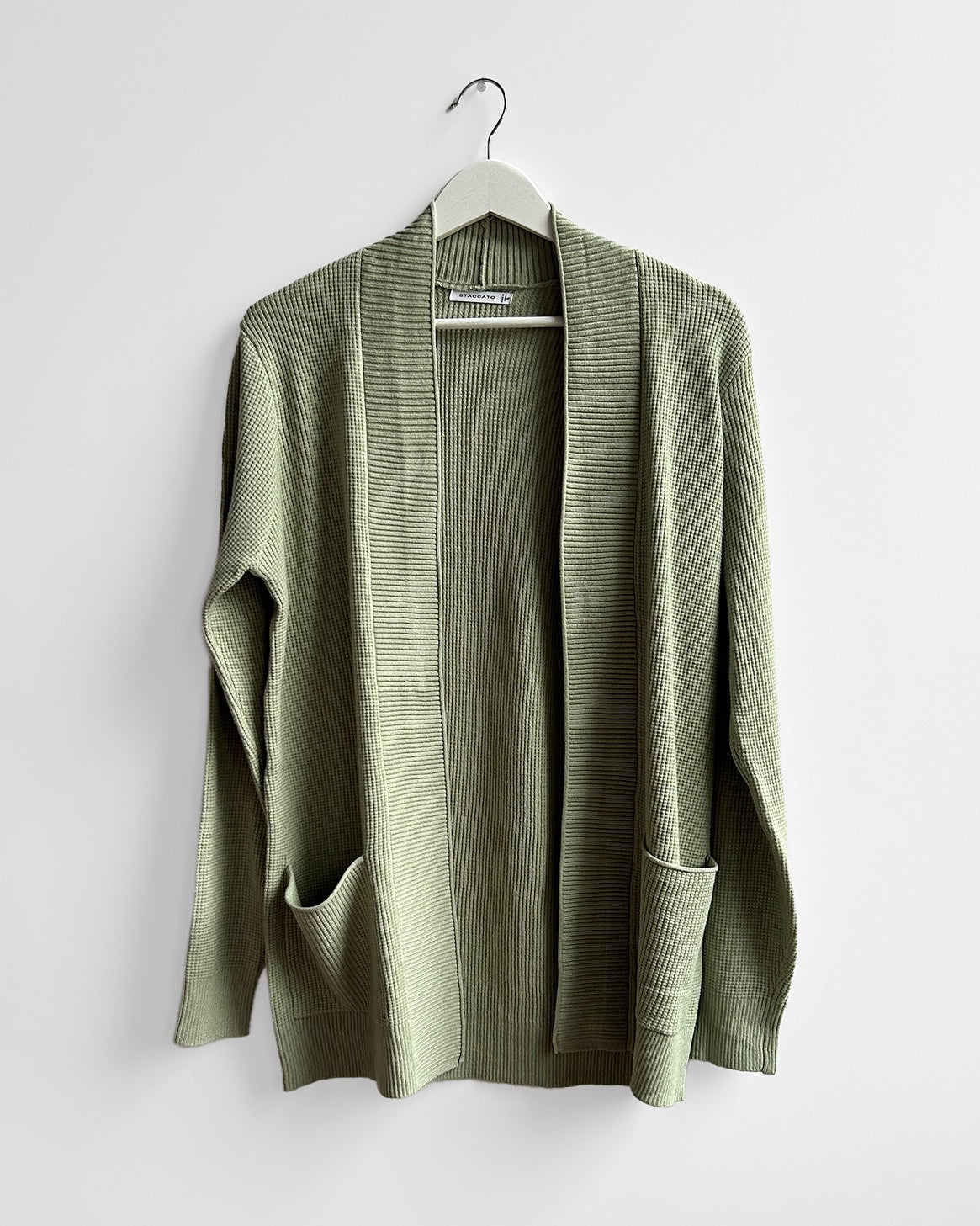 Sage Green $|& Staccato Open Front Pocket Cardigan - Hanger Detail