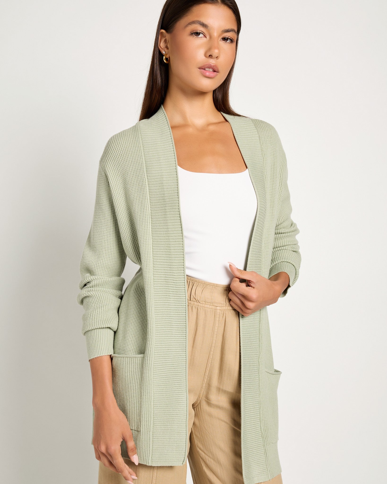 Sage Green $|& Staccato Open Front Pocket Cardigan - SOF Front