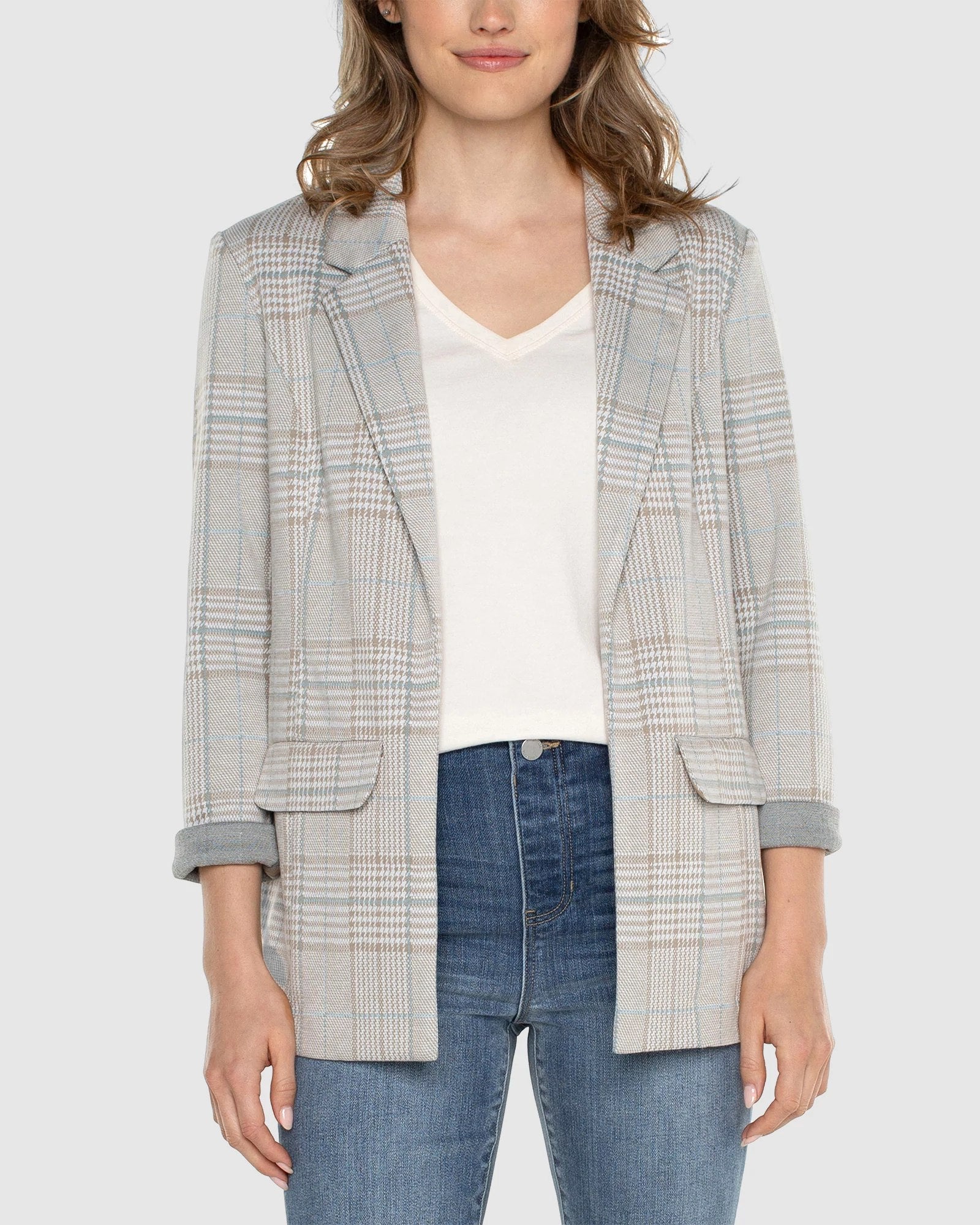 Oatmeal Turquoise Plaid $|& Liverpool Boyfriend Blazer - VOF Detail