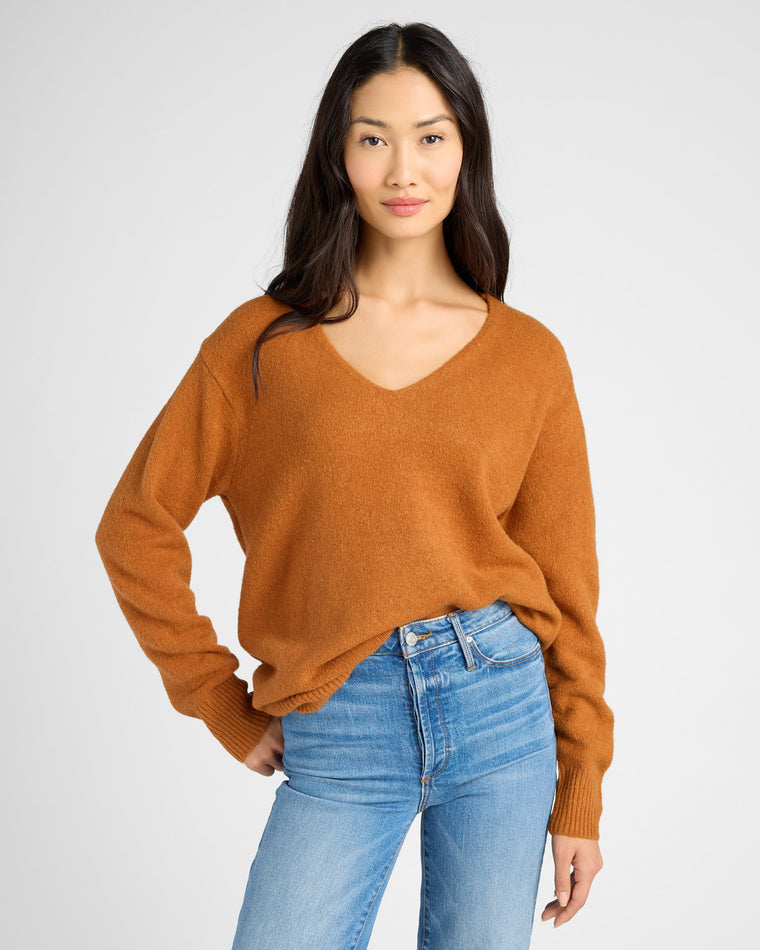 Dark Camel $|& Skies Are Blue Long Sleeve V-Neck Sweater - SOF Front