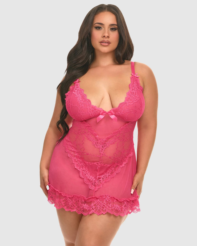 Raspberry Sorbet $|& Oh La La Cheri Valentine Babydoll Set with G-String - VOF Front