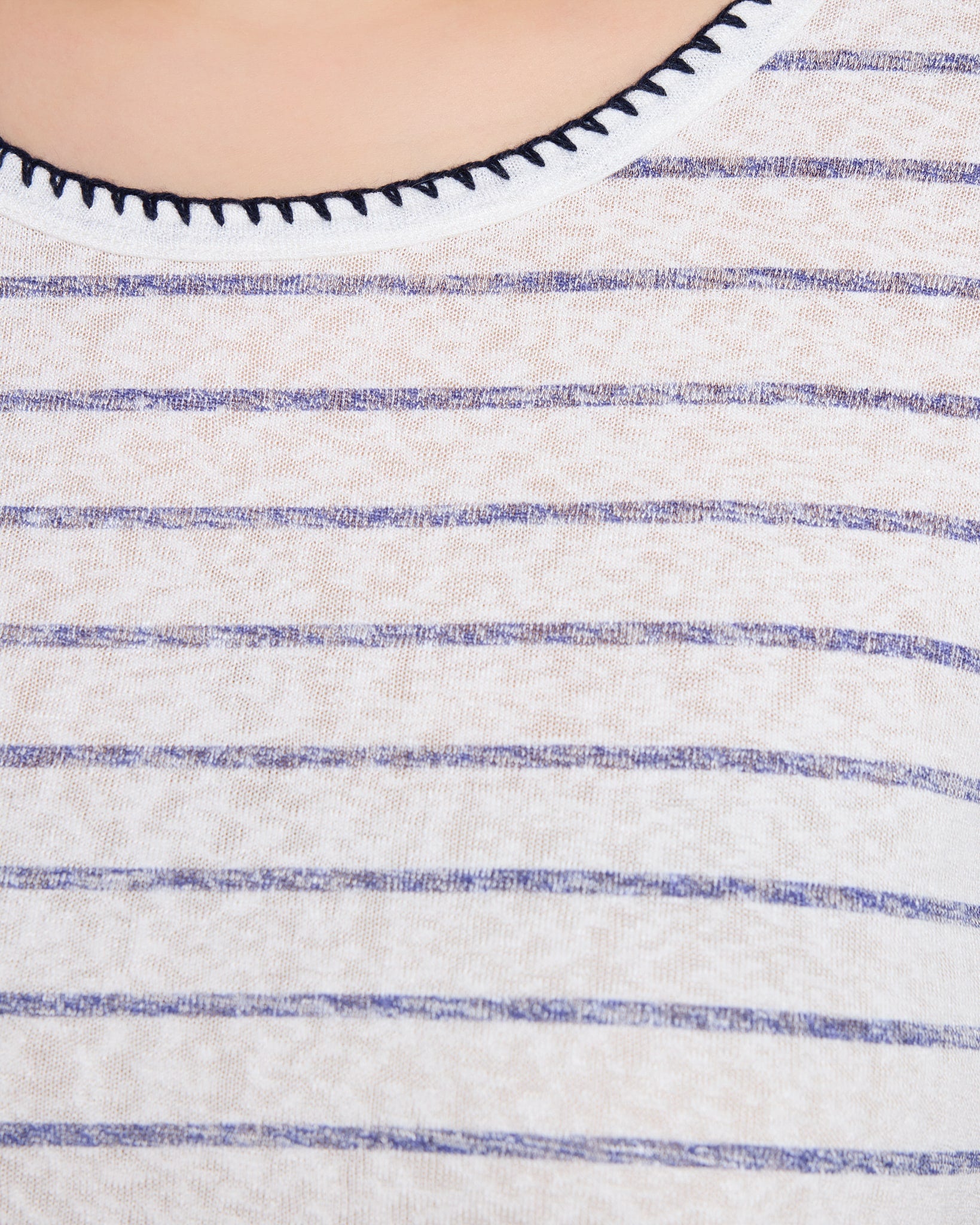 Ivory/Navy Stripe $|& Bobeau Caty Elbow Sleeve Stitch Tee - SOF Full Front