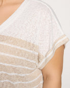 Ivory/Golden Brown $|& Bobeau Caty Double V Stripe Cuff Tee - SOF Full Front