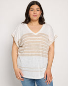 Ivory/Golden Brown $|& Bobeau Caty Double V Stripe Cuff Tee - SOF Front