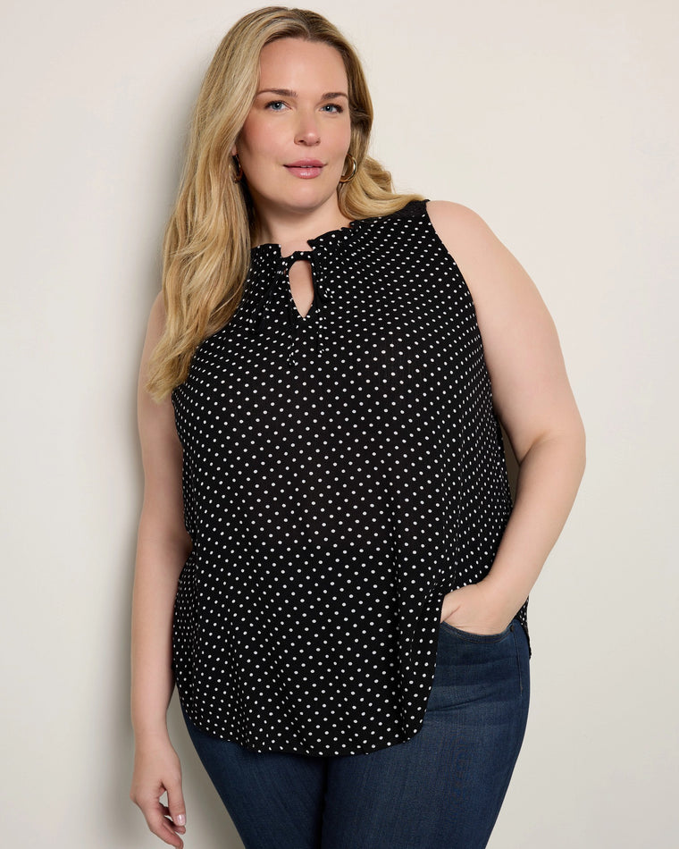 Black White Dot $|& Bobeau Crochet Yoke Sleeveless Top - SOF Front