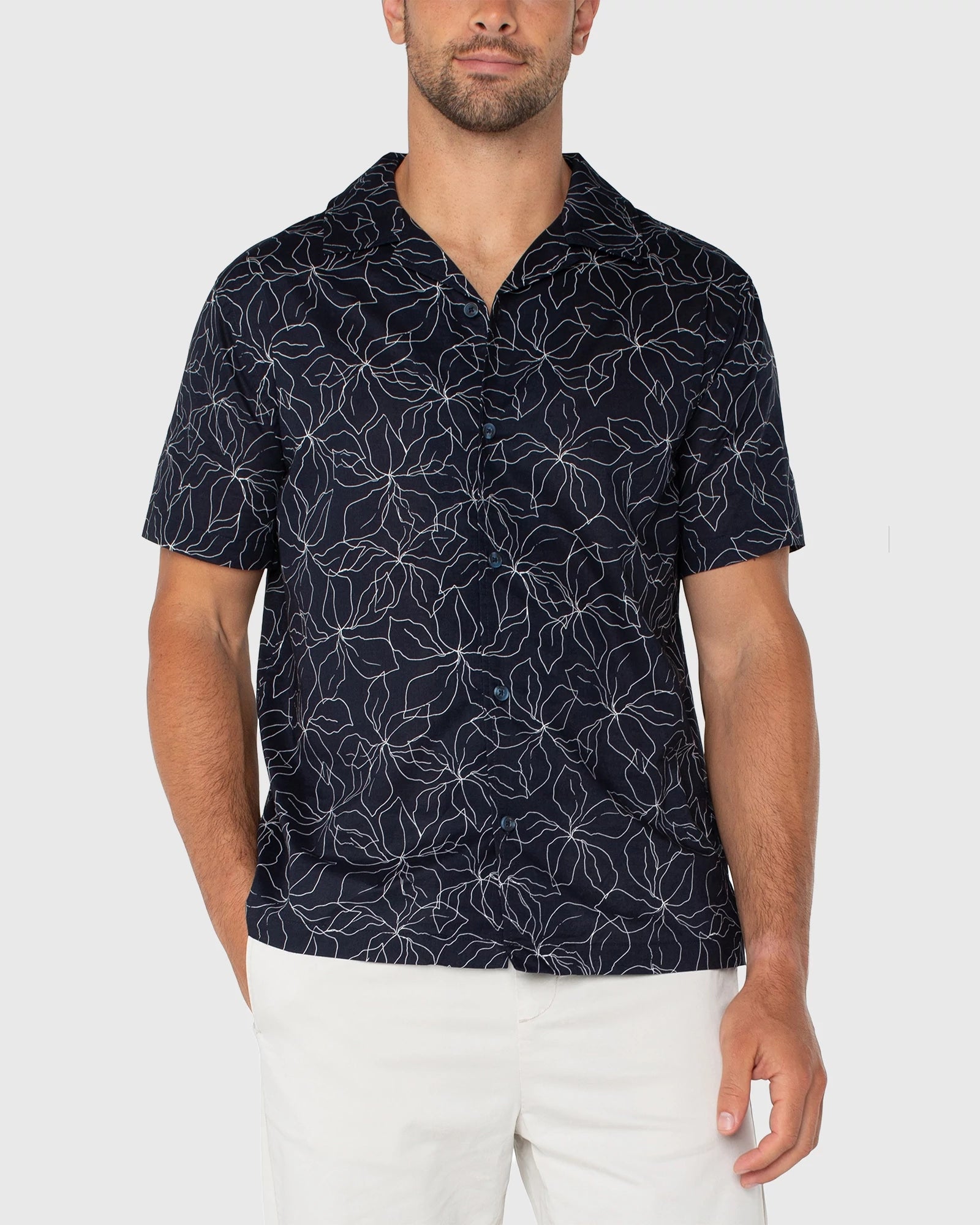Navy/White $|& Liverpool Short Sleeve Button Up Camp Shirt - VOF Detail