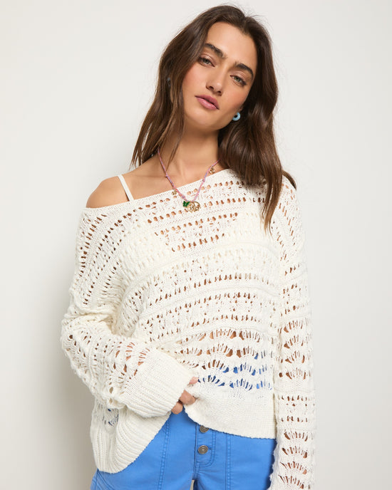 White $|& SEAS Sage Off Shoulder Pointelle Sweater - SOF Front