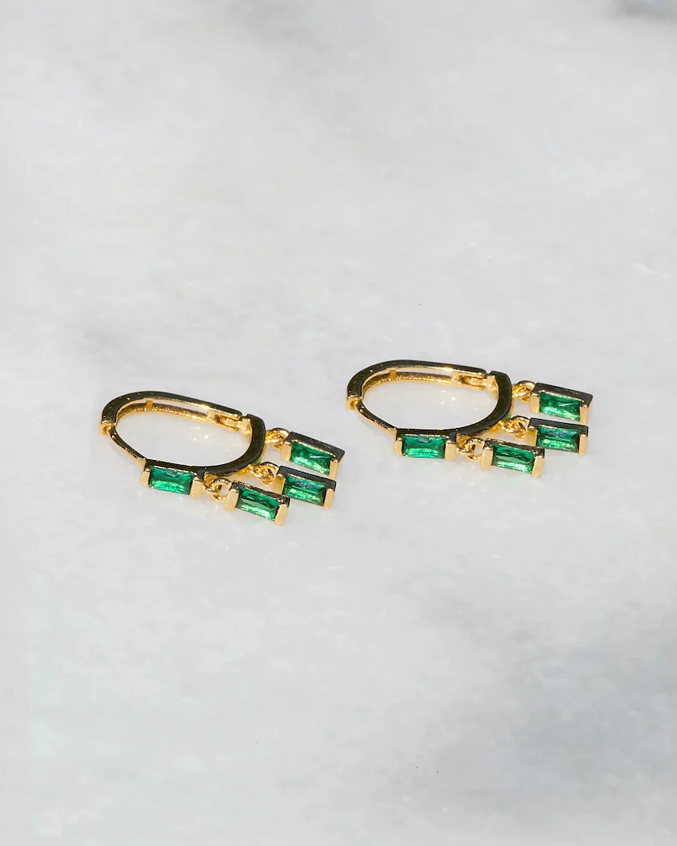 14k Gold $|& Native Gem Floating Emerald Huggies - VOF Front