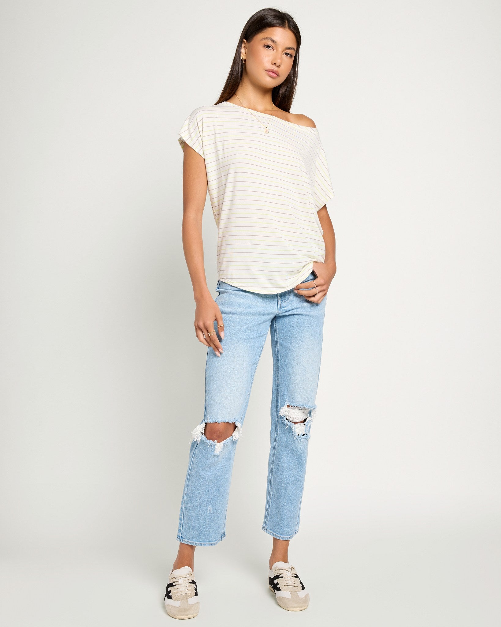 Lime Birch Stripe $|& SEAS Edgewater Off The Shoulder Stripe Tee - UGC On Fig