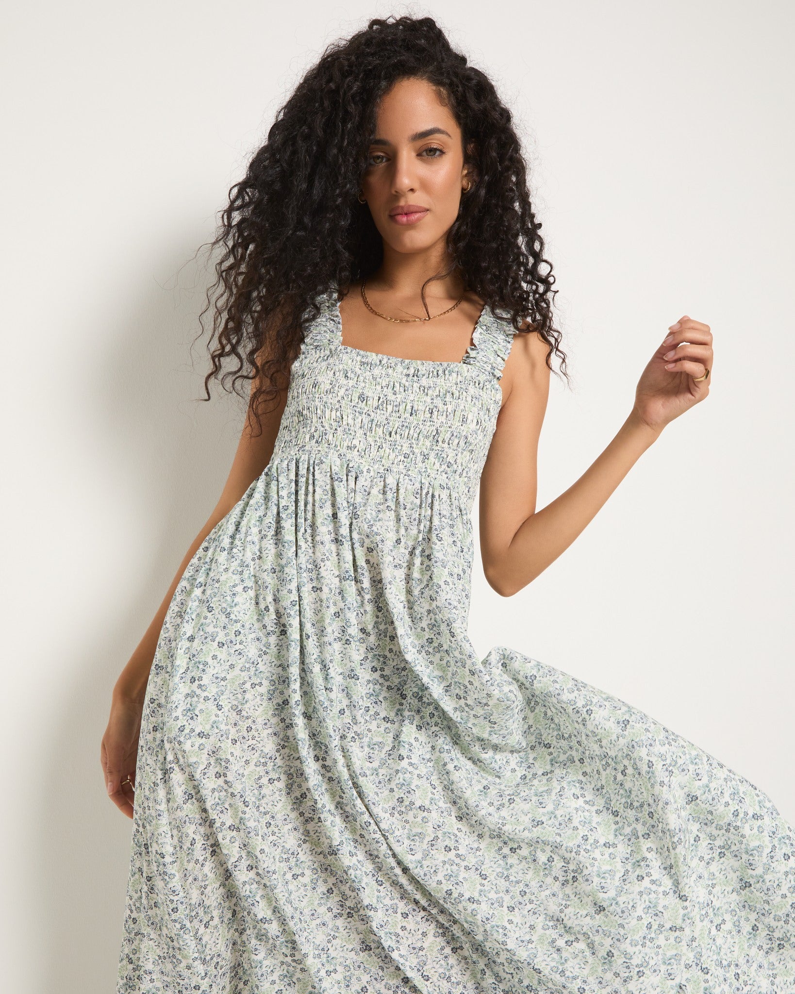 Printed Serene Smocked Maxi Dress - Cream Floral / L Printed Serene Smocked Maxi Dress - Cream Floral / L