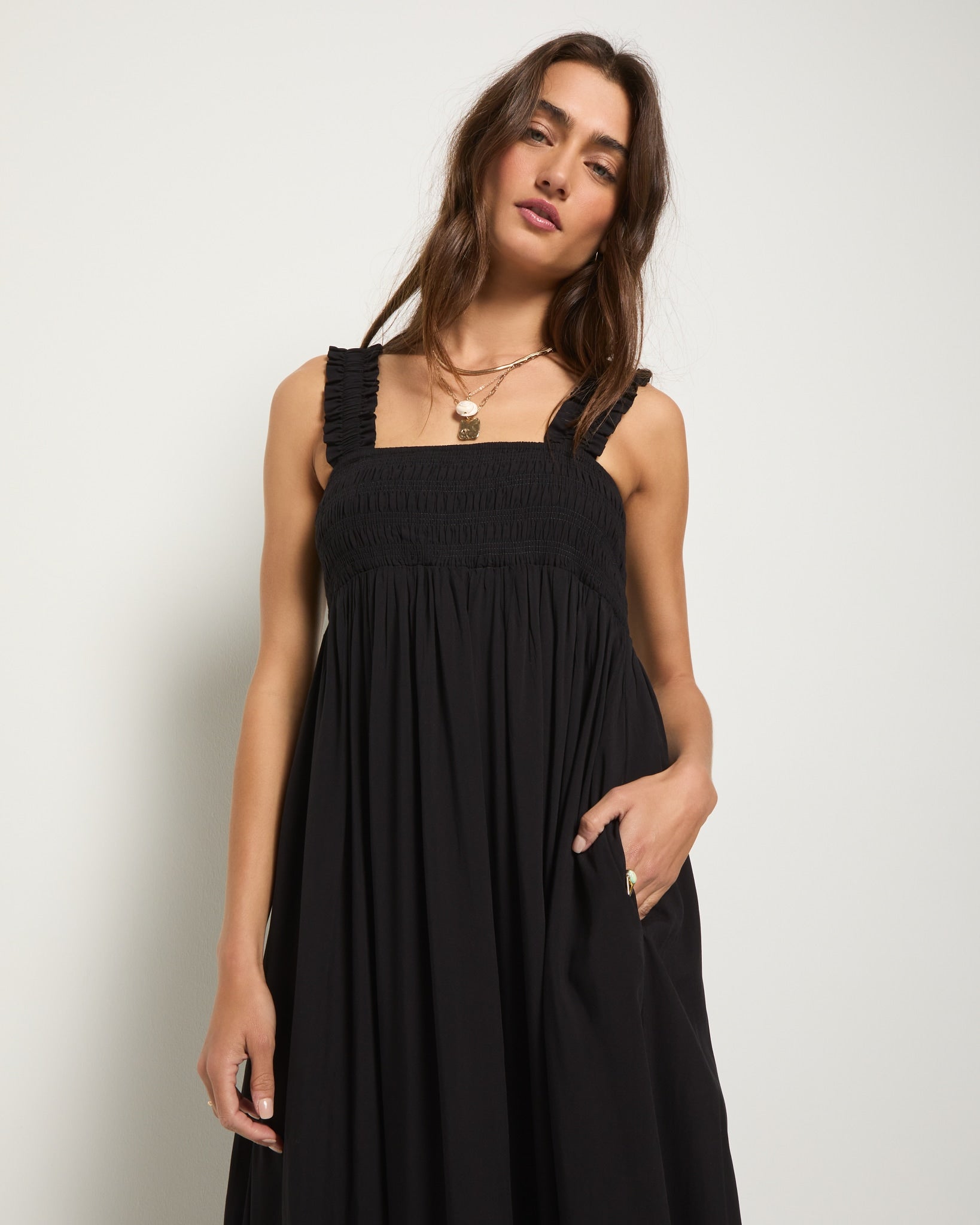 Black $|& SEAS Serene Smocked Maxi Dress - VOF Front