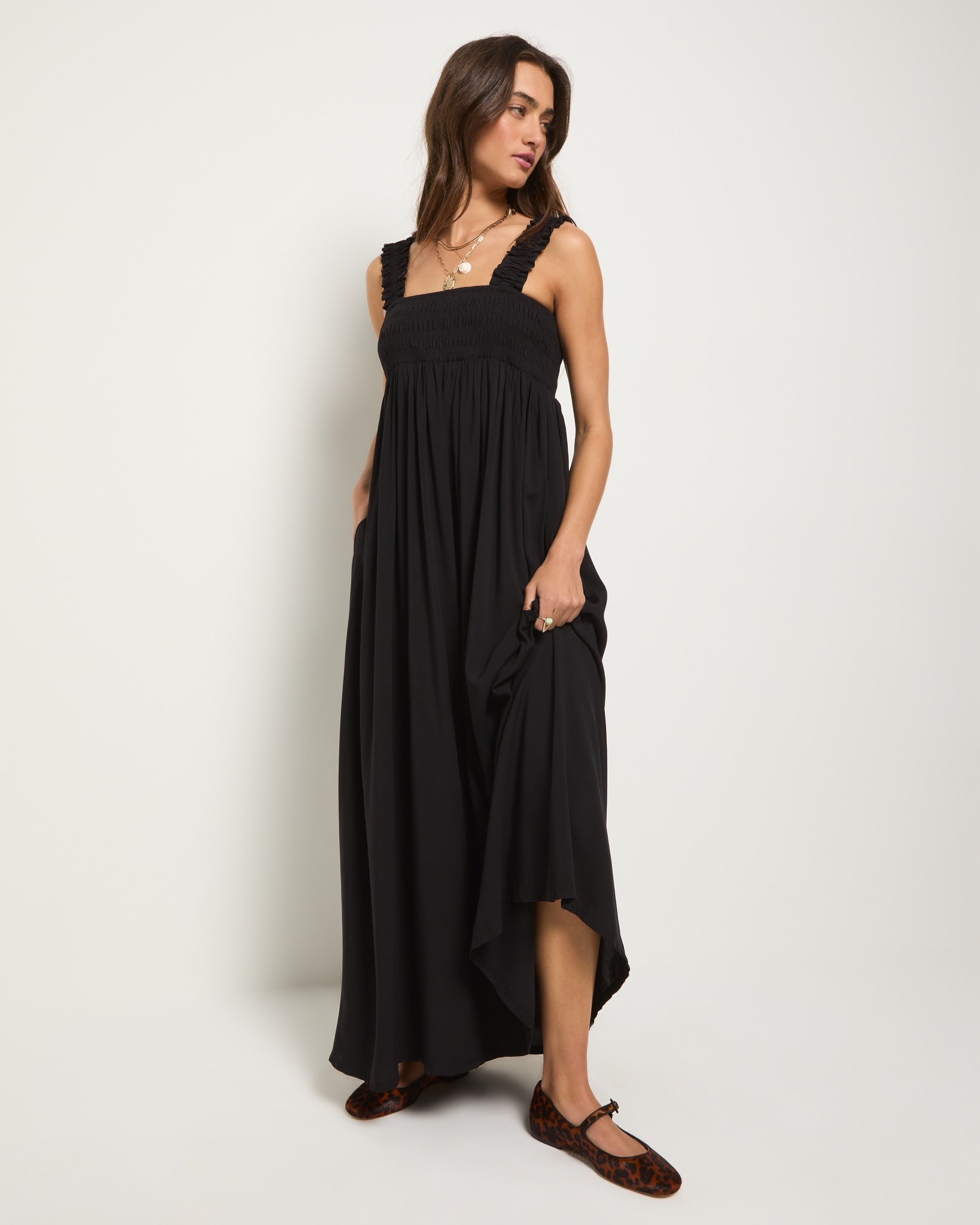 Black $|& SEAS Serene Smocked Maxi Dress - SOF Front