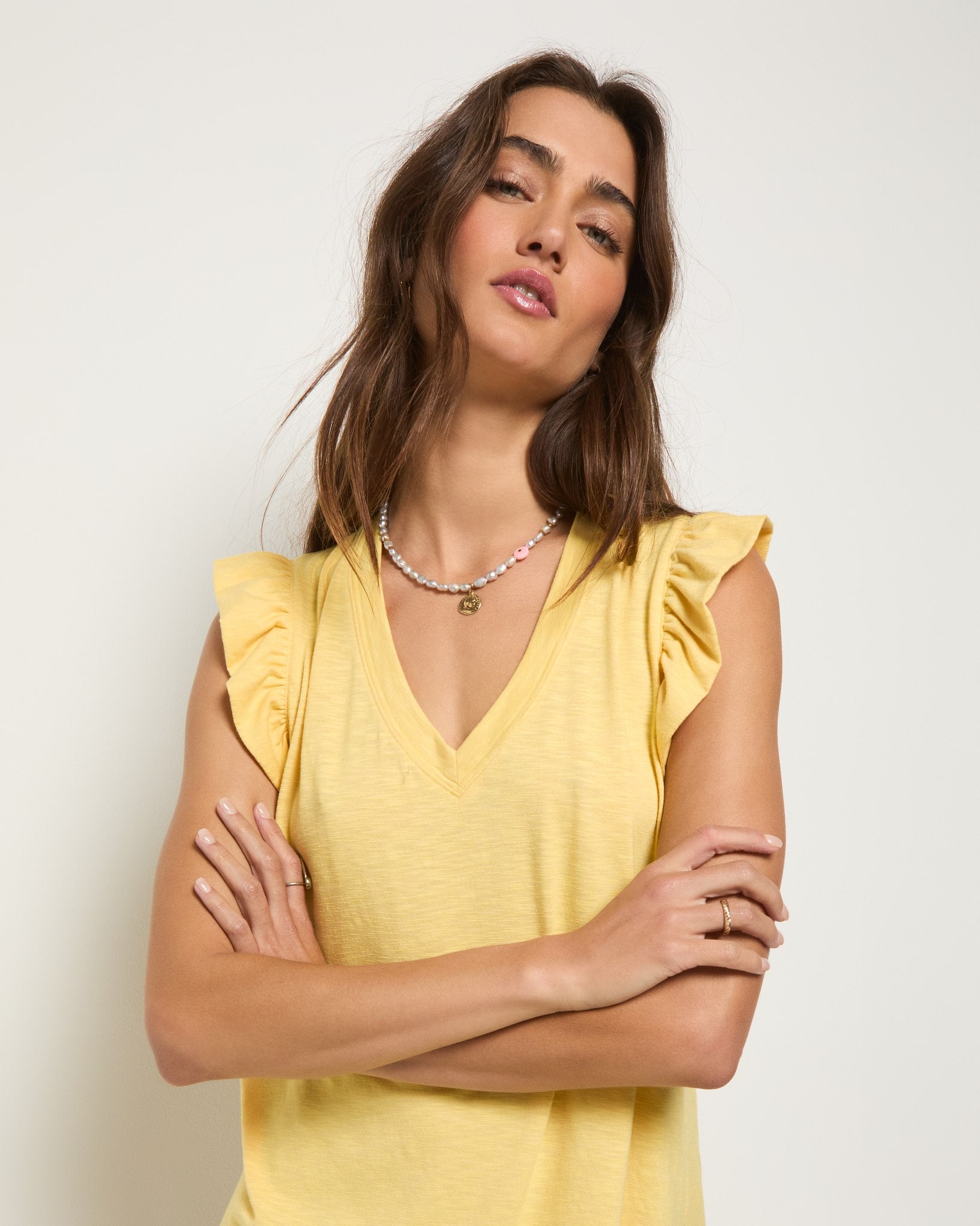 Golden $|& SEAS Bliss Ruffle Sleeve Short Dress - SOF Full Front