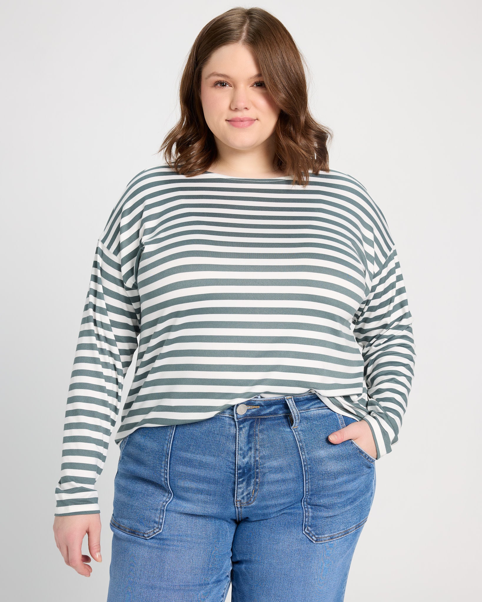 Ivory/Dusty Teal $|& Bobeau French Bateau Butter Top - SOF Front
