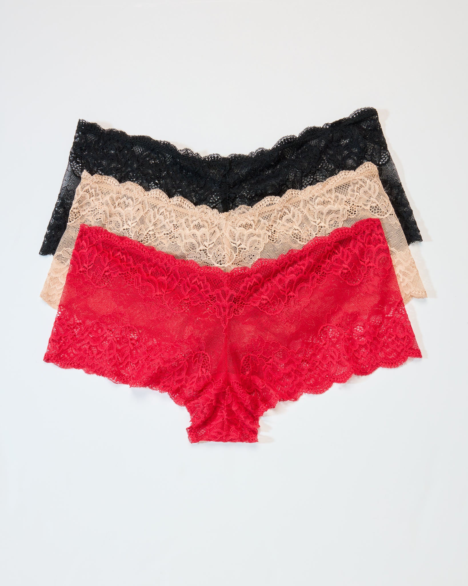Black/Sand/Tango Red $|& Montelle Lace Cheeky Boyshort 3 Pack - Hanger Detail