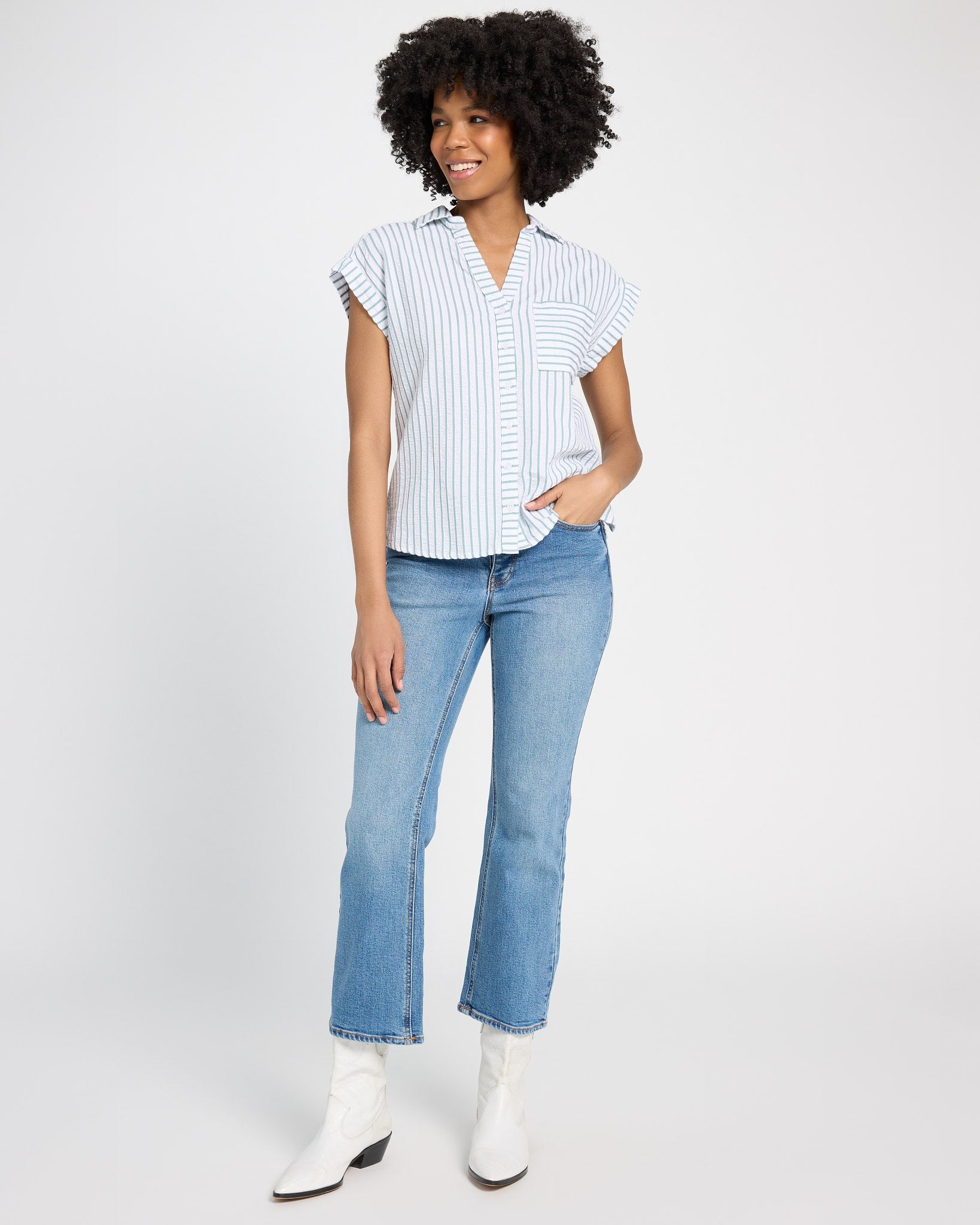 White Green $|& Thread & Supply Marina Short Sleeve Striped Button Front Shirt - UGC On Fig