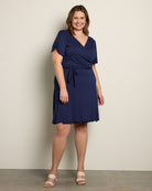 Navy $|& Loveappella Solid Short Sleeve Wrap Dress - SOF Front