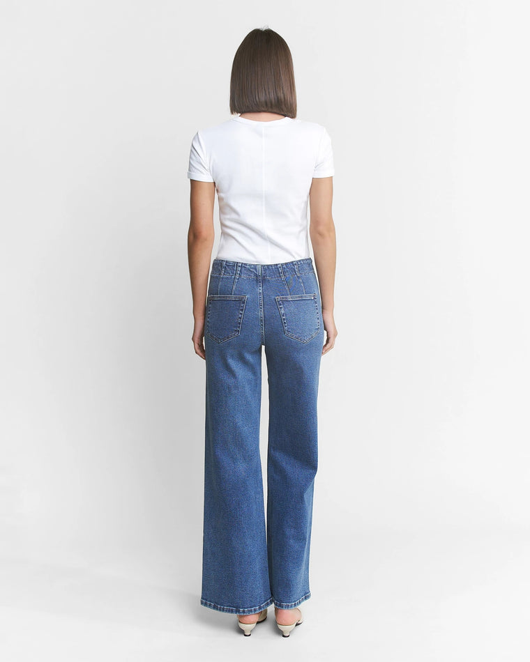 Medium Wash Blue $|& Mica Denim Super High Rise Wide Leg Jean With Double Button - VOF Back