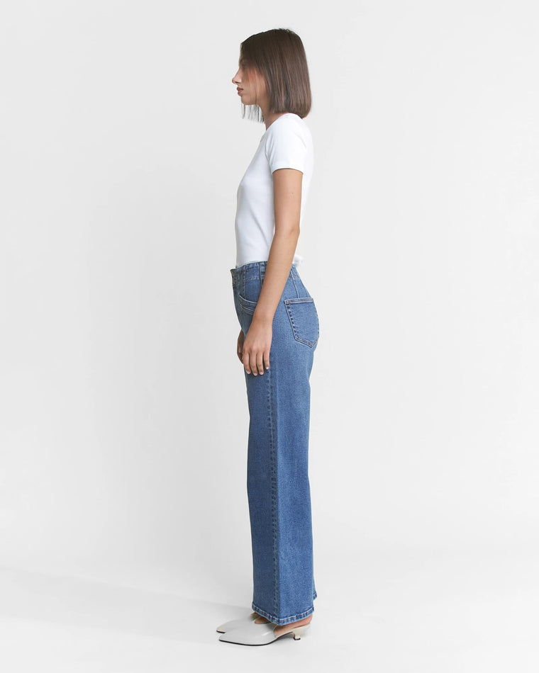 Medium Wash Blue $|& Mica Denim Super High Rise Wide Leg Jean With Double Button - VOF Side