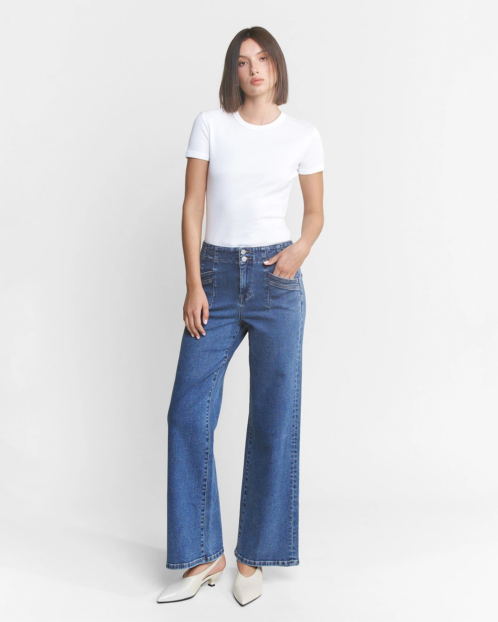 Medium Wash $|& Mica Denim Super High Rise Wide Leg Jean With Double Button - VOF Front